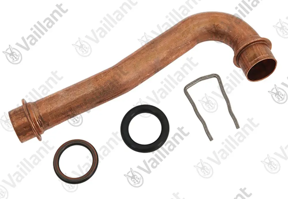 Kupferrohr mit einer gebogenen Form und Dichtungsringen, zusammen mit einem Montageclip, geeignet für Vaillant Heizsysteme.